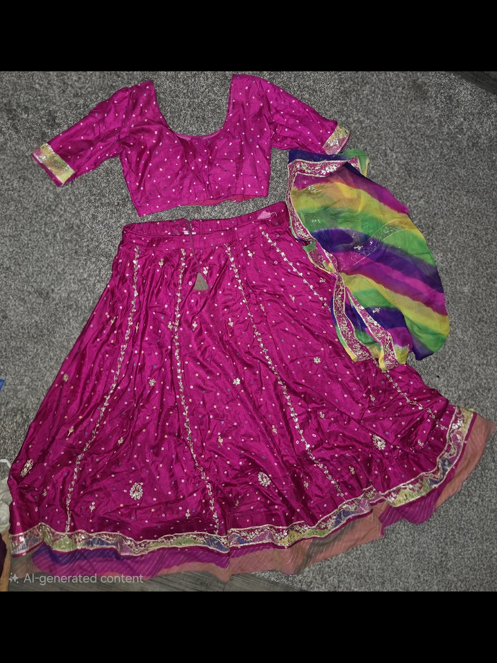 Magenta Embellished Lehenga Set with Rainbow Dupatta Size M-L